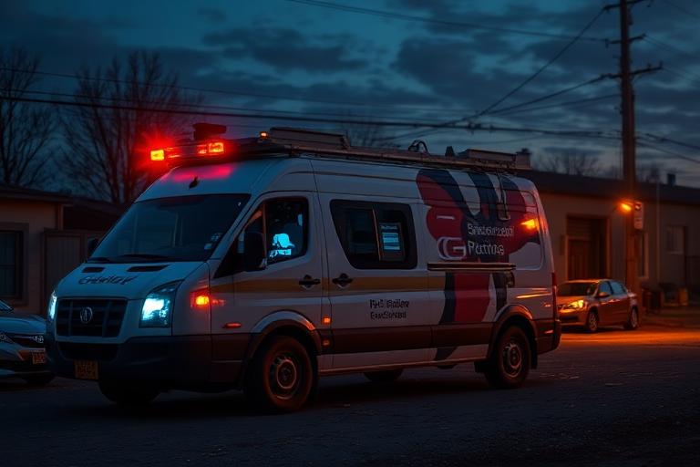Service van parked on a job site at dusk