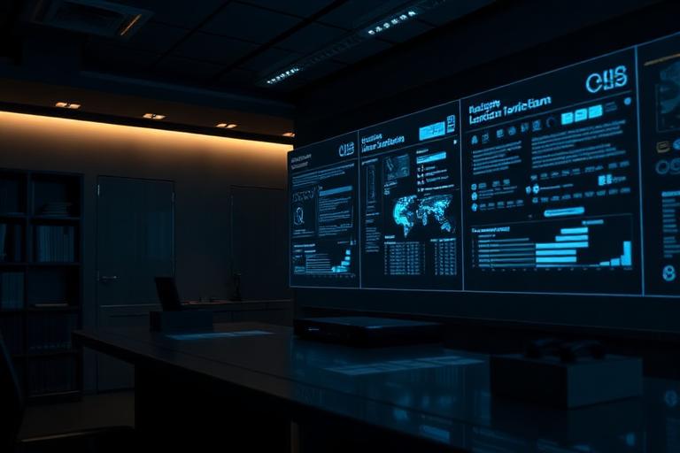 Professional services office with data displays at night